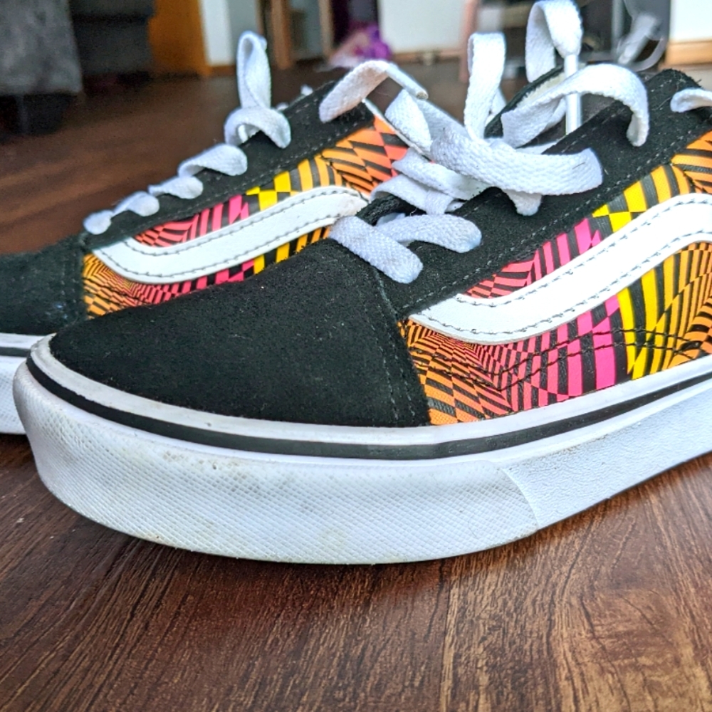 Gently used Girls VANS retro shoes- black with pink, yellow and orange design